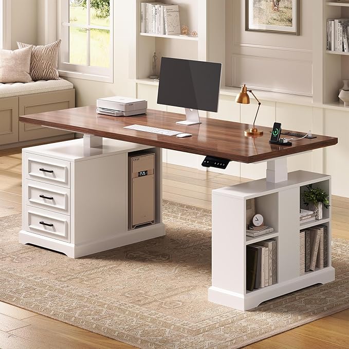 SEDETA Farmhouse Electric Standing Desk 63 Height Adjustable Computer Desk with 3 Drawers Storage Shelves Power Outlets Wood Home Office Stand up Desk for Work Study Writing White