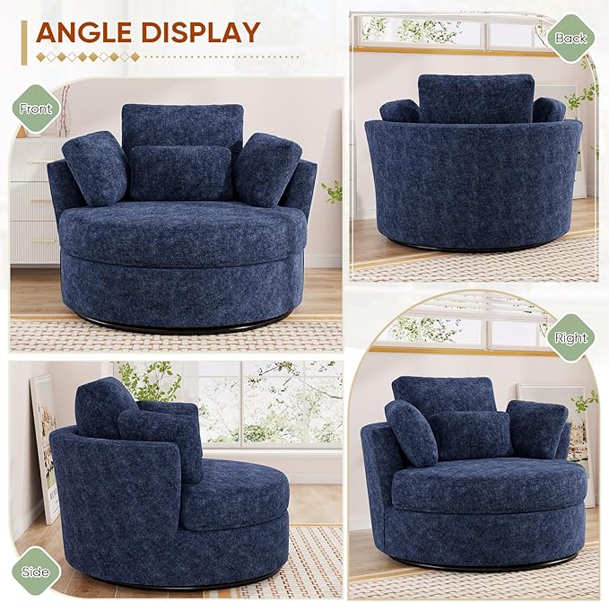 Oversized Swivel Accent Barrel Chair Set of 2 Chenille Upholstered Comfy Round Swivel Chair with Pillows 360 Degree Modern Lounge Reading Sofa Armchair for Nursery Living Room Bedroom(Navy Blue)