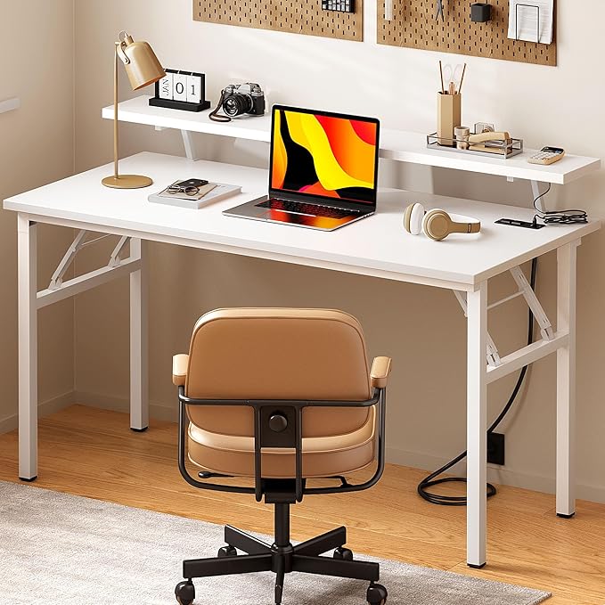 Need 47 Inch Folding Computer Desk with Power Outlets &amp Monitor Shelf Study Desk with Cup Holder Gaming Desk with Led Lights &amp Headphone Holder White
