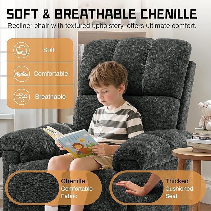 Recliner Chair Swivel Rocker Recliner Chair for Adults Small Recliners for Small Spaces Upholstered Manual Recliner with Side Pockets Nursery Rocking Chair for Living Room Chenille Black