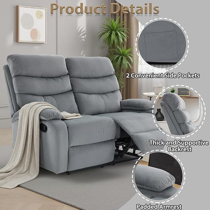 Velvet Recliner Loveseat Manual Double Loveseat Recliner RV Reclining Love Seat with Side Pockets for Living Room Home Theater