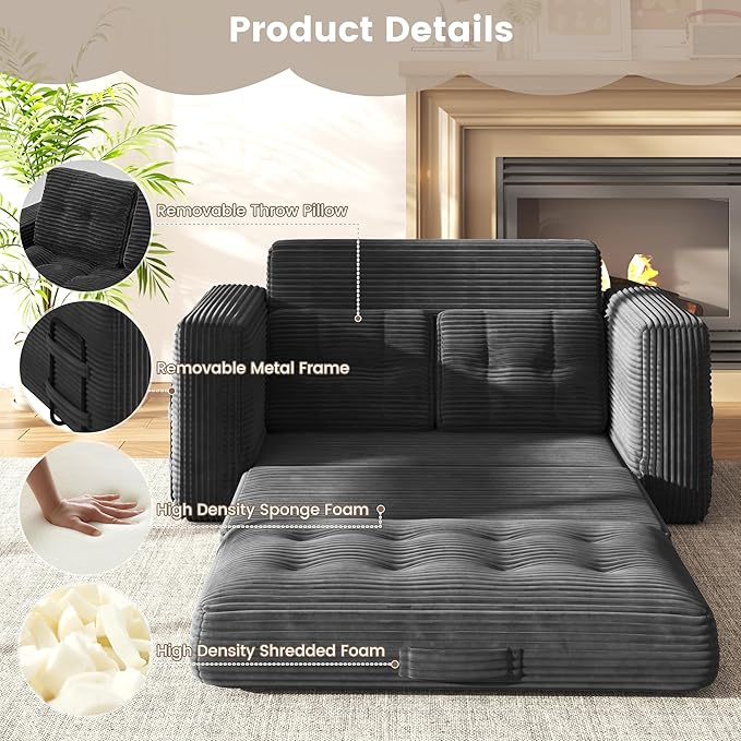 Convertible Sofa Bed 2 in 1 Boneless Couch Bed with 2 Pillows Corduroy Pull out Couch Folding Sofa Bed with Deep Seat Small Loveseat Sleeper Sofa Bed in a Box for Small Spaces No Assembly Required