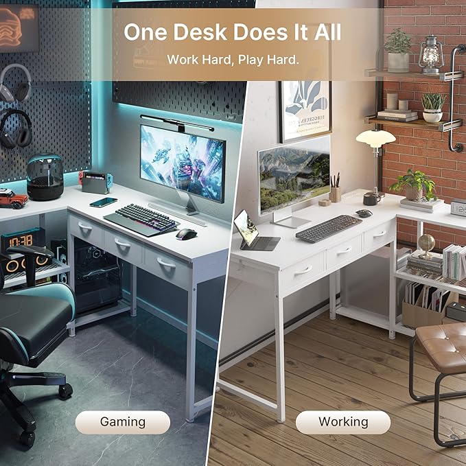 Gizoon 53 Inch White L Shaped Gaming Desk with CPU Stand &amp Power Outlet - Reversible Corner Desk with Drawers Storage Shelves and 2 Hooks for Gaming Setup Home Office Living Room