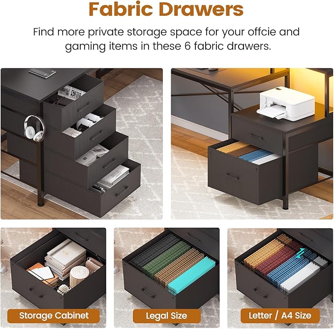 SEDETA L Shaped Desk with 6 Drawer 108 Home Office Desk with File Drawer &amp Power Outlet Corner Computer Desk with Monitor Shelf File Cabinet Two Person Desk Gaming Desk with Led Lights Blac
