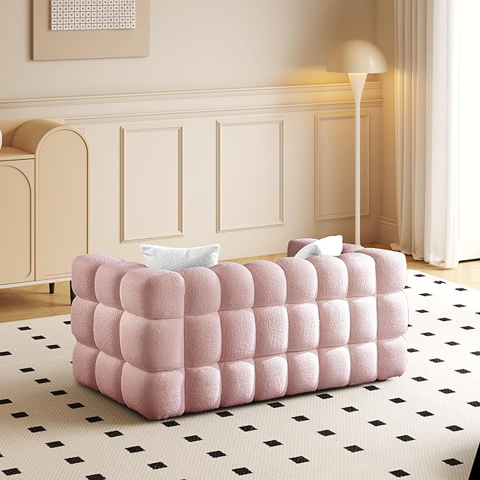 Modern Boucle Loveseat Couch for Living Room 61'' Sherpa Upholstered Sofa Couch Comfy Cloud Deep Seat Sofa Luxury Minimalist Plush Fluffy Couch for Small Apartment Office 2 Pillows Pink