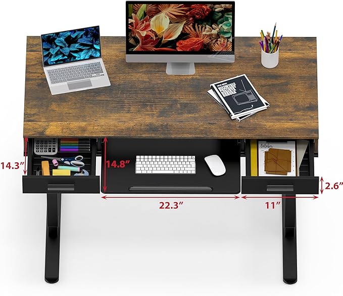 SHW 48-Inch Electric Height Adjustable Desk with Keyboard Tray and 2 Drawers Rustic Brown