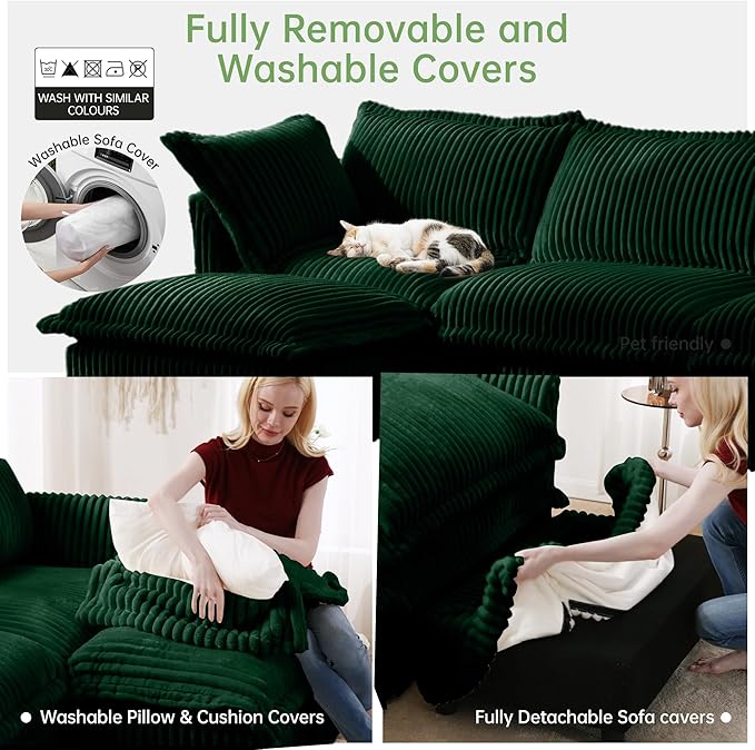 Modular Accent Armchair with Ottoman and Pillows Soft Corduroy Lounge Chair for Living Room Bedroom or Reading Nook – Oversized Chaise Lounge Design (Green Chair+Ottoman)