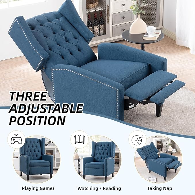 Wing Back Recliner Chair for Living Room Push Back Reclining Chairs Club Accent Chair Lounge Armchair Comfy Fabric Arm Chair with Rivet Decoration Tufted Back Solid Wood Legs Blue