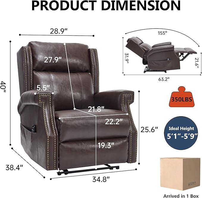 Manual Recliner Chair Faux Leather Push Back Recliners with Vibration Massage Lumbar Heat Living Room Single Sofa Reclining Rivet Design Chair Red Brown
