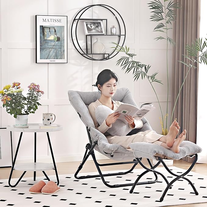 Comfy Saucer Chair with Ottoman Oversized Folding Faux Fur Chair Soft Furry Lazy Chair with Metal Frame Moon Chair Accent Chair for Bedroom Living Room Dorm Rooms Grey