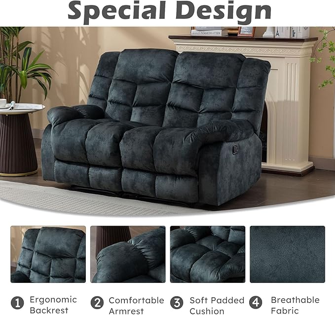 EBELLO Loveseat Recliner Sofa for Living Room Extra Wide Modern Overstuffed 2 Seat Reclining Manual Sofa Chair Breathable Fabric and Padded Cushion Green Grey