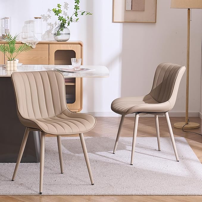 YOUNUOKE Mid-Century Modern Dining Chairs Set of 2 Khaki PU Leather Upholstered Kitchen Chairs with Khaki Metal Legs Armless Accent Chair for Dining Room Guest Reception Room