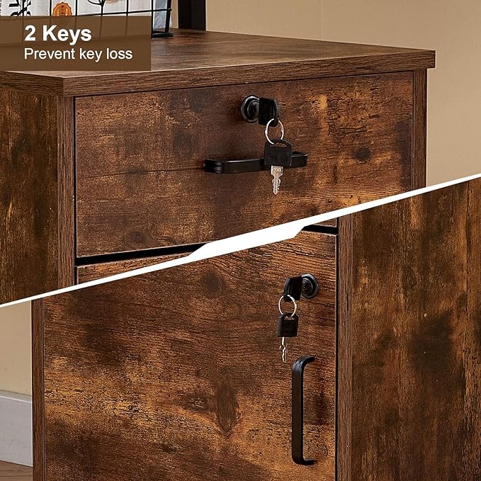 TUKAILAi Mobile File Cabinet with Lockable Drawer &amp Door Under Desk Rolling Filing Cabinet with 4 Wheels Wooden Stationery Storage Cabinet for Home Office (Rustic Brown)