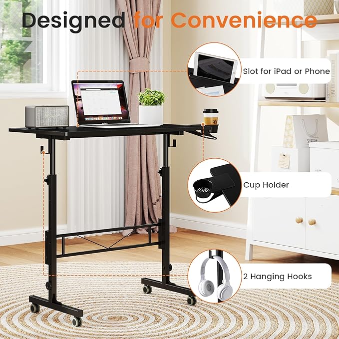 Hadulcet Small Standing Desk Adjustable Height Mobile Stand Up Desk with Wheels Portable Walking Pad Table Stand Rolling Laptop Cart for Standing or Sitting Black