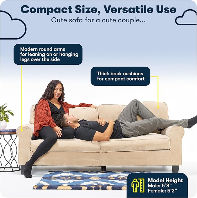 Serta Copenhagen 78 Rolled Arm Sofa Easy Care Polyester Soft Pillow Back Pocket Coil Seat Cushions Removable Covers Loveseat or Couch for Small Spaces Living Rooms or Bedrooms Light Gray