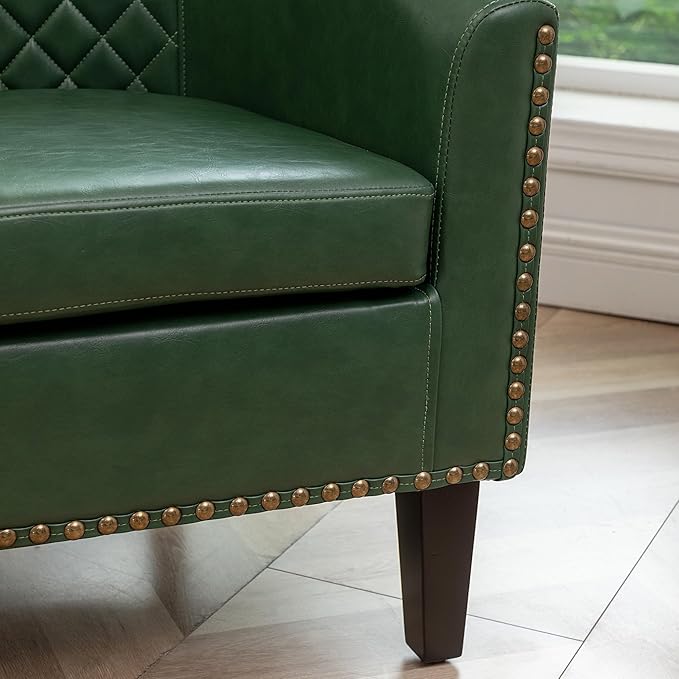 KINWELL 29 W Modern Faux Vegan Leather Barrel Chair PU Upholstered Tufted Accent Club Chairs with Nailhead Trim Small Armchair for Living Room Bedroom Apartment Lounge Nursery Green