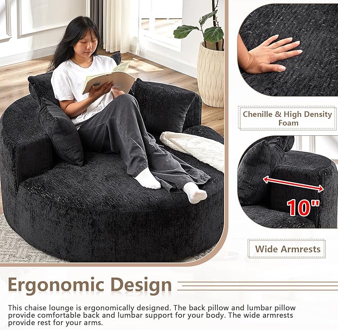 55''W Oversized Round Chair with PillowsComfy Chenille Single ChairOversized Accent Chair with Deep Seat Modern Large Reading Chairs for Living Room &amp Bedroom (Black)