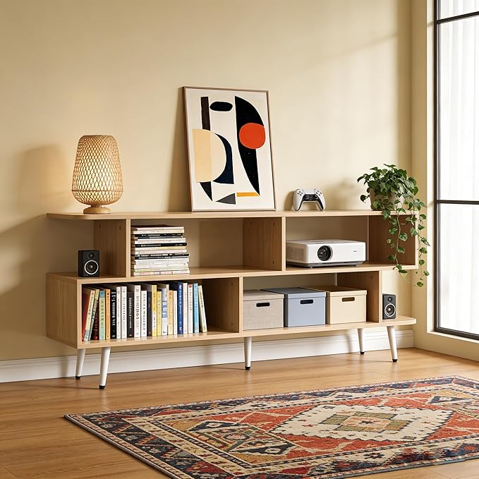 Lightdot 55 Inch TV Stand up to 65 Inch TVs Large Storage for Collection with 6 Open Shelves Sturdy Media Console Table for Living Room/Entrance/Kitchen/Sofa Cabinet Easy Assembly Walnut