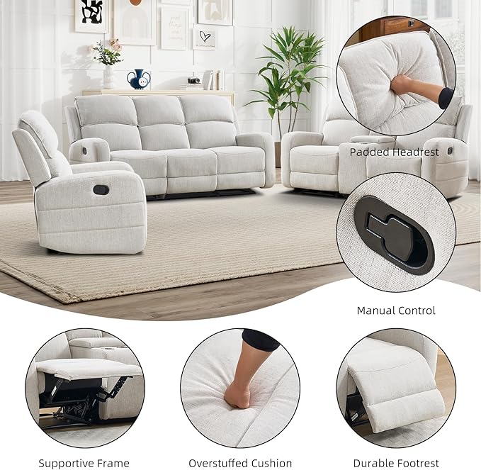 EBELLO Manual Living Room Furniture Reclining Couch Set Soft Fabric 3 Seat Sofa Recliner Sofa for Meeting Room Overstuffed Backrest and Armrest