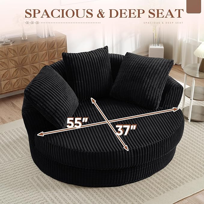 61W Oversized Round Chaise Lounge Chair Indoor Upholstered Corduroy Large Circle Boneless Chair with Deep Seat No Assembly Required Modern Comfy Cloud Sofa Chairs for Living Room Bedroom(Black)