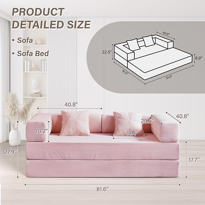 YINIX Foldable Sofa Bed 78'' Folding Floor Couch Compressed Convertable Sleeper Sofa Memory Foam Couch with Pillow Back Support Armrest 4-in-1 Futon Sofa Bed for Living Room Pink