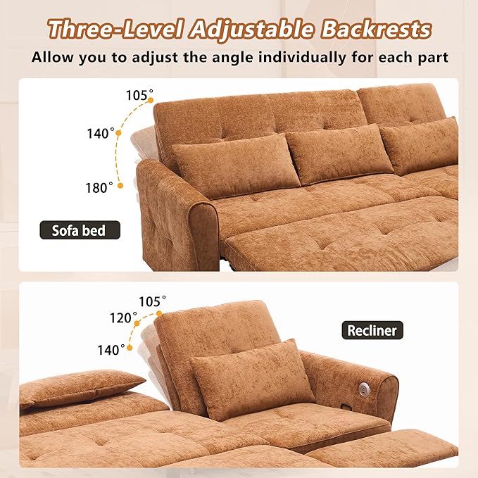 ERYE L-Shaped Reversible Recliner Sectional Sofa Chenille Upholstered Pull Out Convertible Sofabed with Pull Out Sleeper Couch Bed and Recliner Chaise Lounge and USB-C Ports