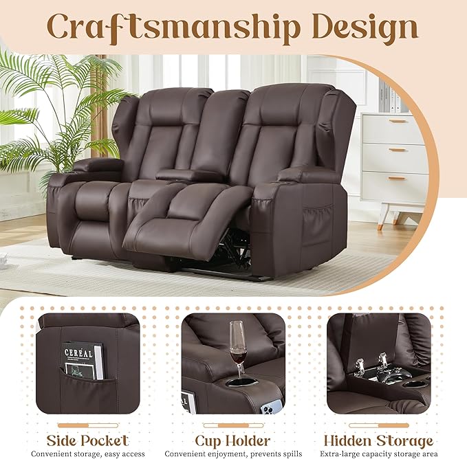 BINGTOO Manual Double Reclining Loveseat Sofa 2-Seater RV Wall Hugger Leather Couch for Living Room &amp Home Theater with Storage Console/Cup Holders/Side Pockets PU Brown