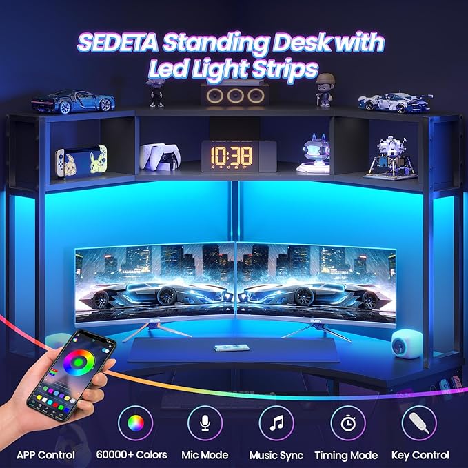 SEDETA Corner Desk Small Computer Desk with Hutch &amp LED Lights Triangle Corner Gaming Computer Desk with Keyboard Tray Storage Bag and Headphone Hook for Small Space Home Office Desk Black