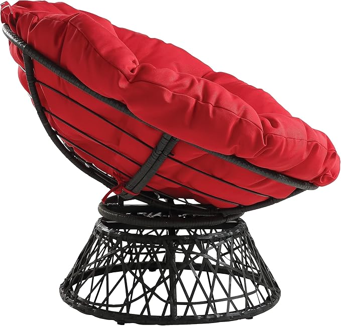 OSP Home Furnishings Wicker Papasan Chair with 360-Degree Swivel Grey Frame with Red Cushion
