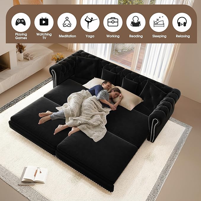 Oversized Sleeper Sofa Couch 89 Convertible Sleeper Sofa Bed for Living Room Bedroom Classic 3-in-1 Pullout Couch Bed with Movable Ottoman (Black with Ottoman)