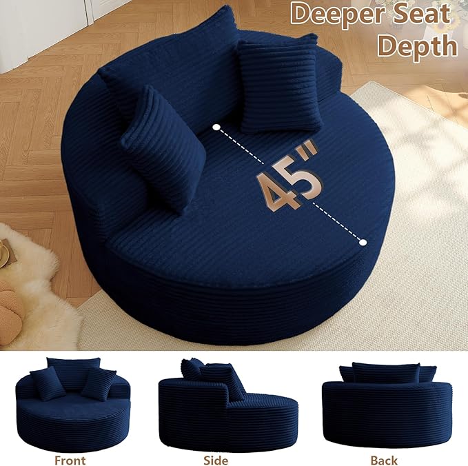 Oversized Round Chair Lounge Chaise Indoor Upholstered Corduroy Deep Seat Cloud Large Circle Sofa Chair No Assembly Required Fluffy Modern Sleeper Sofa Bed for Reading Living Room Dark Blue