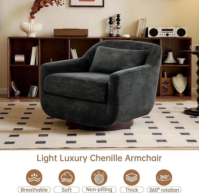 Swivel Accent Chair 360° Swivel Upholstered Barrel Chair for Living Room Comfy Club Armchairs Reading Chair with Curves Back Design Metal Swivel Base Chenille Fabric Dark Gray