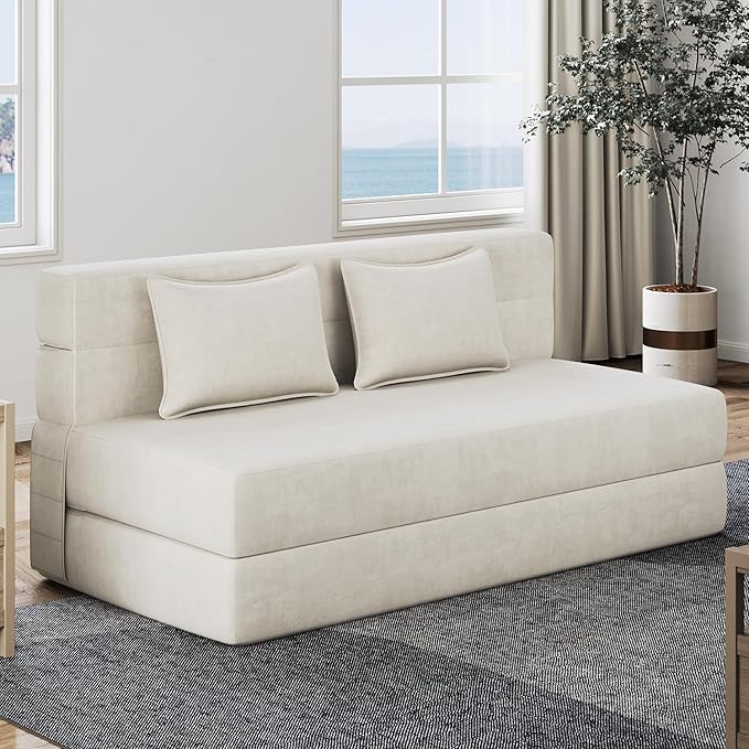 Luoxiao Folding Sofa Bed Foldable Full Lazy Floor Couch for Adults with Pillows Portable Convertible Futon Sleeper Chair for Small Space/Guest Room Washable Cover High-Density Foam Beige