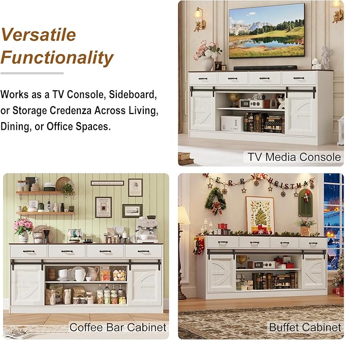St.Mandyu 70 Large Farmhouse TV Stand for 85/80/75/70 Inch TVs w/4 DrawersRustic Tall Media Console w/Sliding Barn Door Adjustable ShelvesTall Entertainment Center for Living RoomWhite