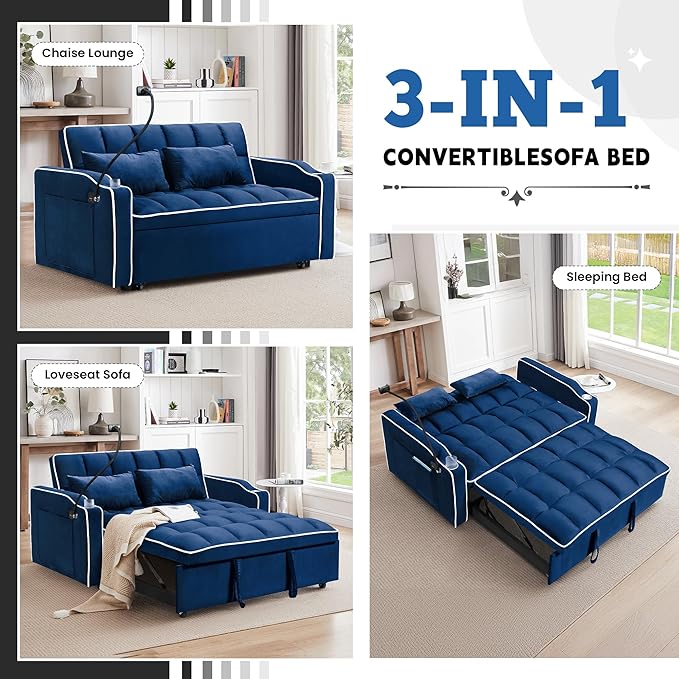 TTK 3-in-1 Convertible Velvet Sleeper Sofa Bed Pull-Out Loveseat with Adjustable Backrest USB Port &amp 2 Pillows Swivel Phone Stand &amp Storage Pockets Modern Futon Couch for Living Room Blue