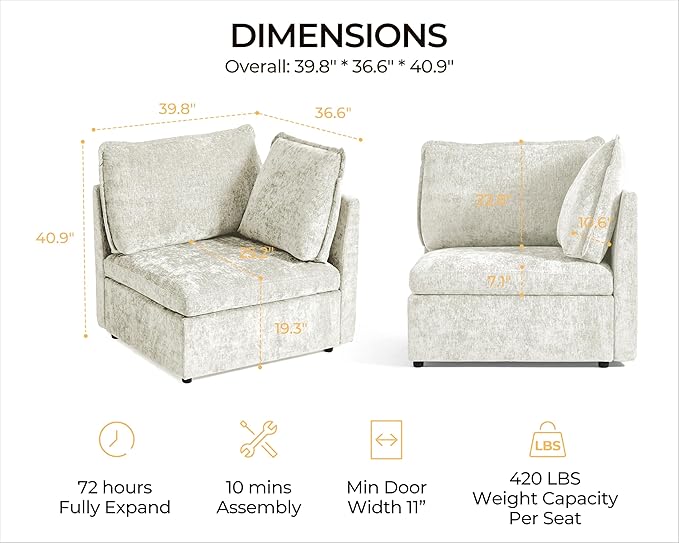 Corner Seat Module for Olar Oversized Modular Sectional Sofa Extra Deep and Wide Cloud Couch Cushion Covers Removable Freely Combined with Other Modules by U-connectors Chenille White