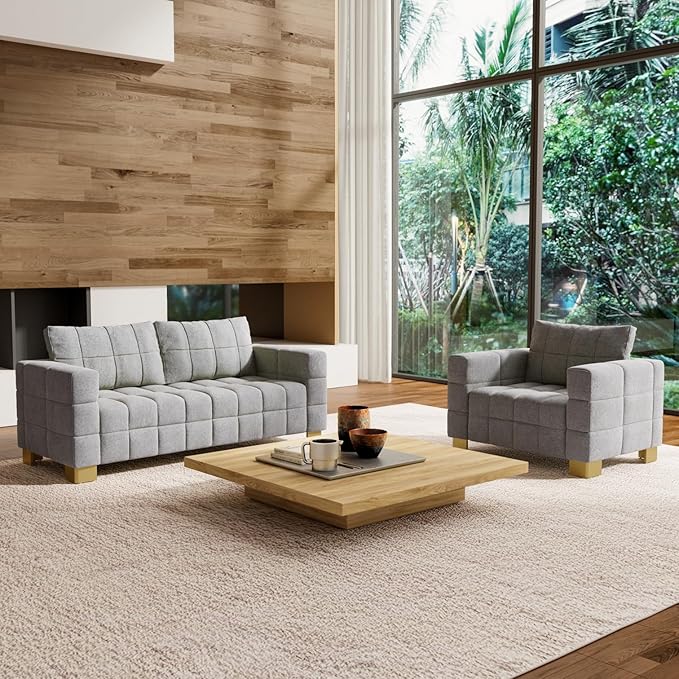 81.89 Sofa Comfy 3 Seat Sofa Tufted Chenille Upholstered Sofa Couch for Living Room with Gold Metal Legs and 2 Throw Pillows (Grey+1.5S)
