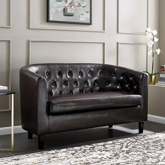 Naomi Home Barrel Love Seat Button Tufted Faux Leather Loveseat Sofas Faux Leather couches Small Loveseats for Small Spaces Bedrooms Love Seat Couches for Living Room - Espresso