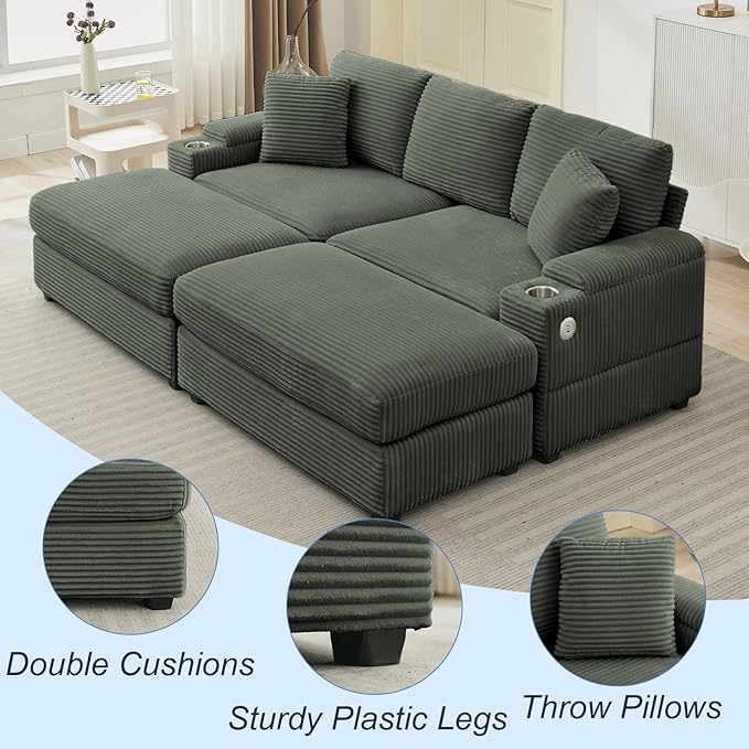 86.6 Sectional Sofa Couch with 2 Ottomans Comfy Corduroy Upholstered Cloud Modular Convertible Couch with Cup Holders and USB Armrest Storage Deep Seat Oversized Loveseat for Living Room Green