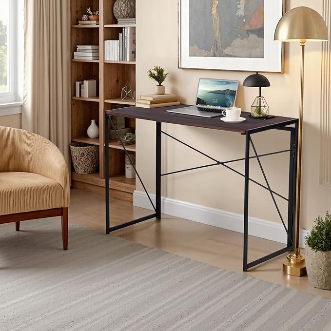FurnitureR 39.4 Minimalist Laptop Desk Simple Computer Writing Desk with Sturdy Metal Frame Modern Foldable Workstation for Home Office Study or Small Spaces Walnut