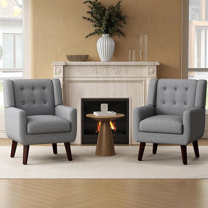 Linen Fabric Living Room Chairs Accent Chair Mid Century Modern Armchair for Living Room Bedroom Button Tufted Upholstered Comfy Reading SofasVanity Chair (1 Dark Grey)