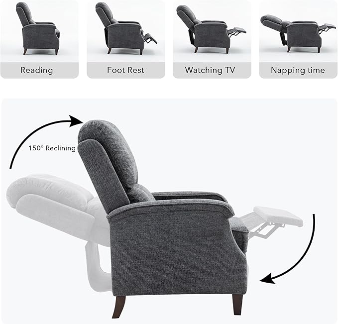 VKNOW Recliner Chair Fabric Recliner with Soft Armrest Home Theater Seating with Adjustable Push Back and Lumbar Support Single Sofa for Adults Lounge Chair for Living Room Bedroom（Dark Grey）