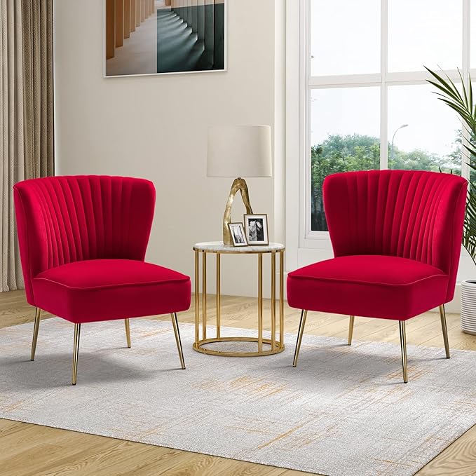 TINA'S HOME Velvet Accent Chair Set of 2 with Metal Golden Legs Upholstered Armless Slipper Chair with Wingback Mid Century Side Chair for Living Room Bedroom Makeup Vanity- Red