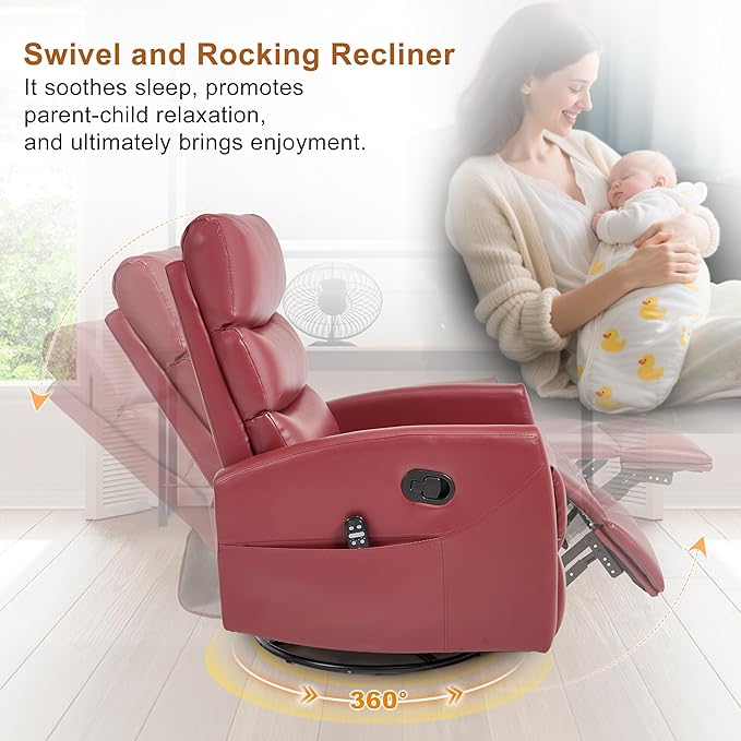 Manual Swivel Rocker Recliner Chair for Adults Overstuffed Reclining Glider Chair for Nursing with Vibration Massage &amp Heat Living Room Rocking Recliner 3-Stage backrest Faux Leather Red