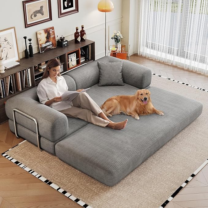 78.8'' Convertible Sofa Bed Boneless Couch in a Box Modular Corduroy Comfy Foldable Sleeper Compression Sofa Loveseat Couches for Living Room (Grey 78.8 inch)