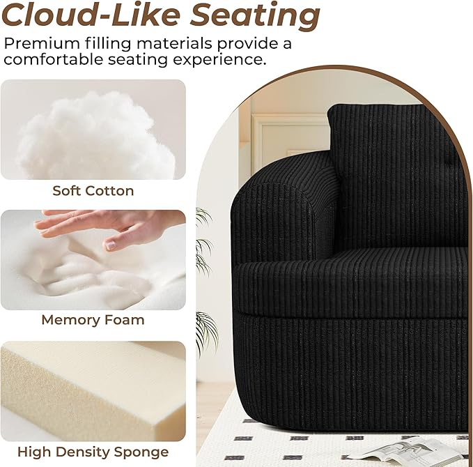 Swivel Accent Chair Modern 360 Degree Swivel Barrel Chairs 36.6 W Corduroy Upholstered Barrel Accent Armchair Comfy Oversized Single Sofa Boneless Chair for Living Room Bedroom Black
