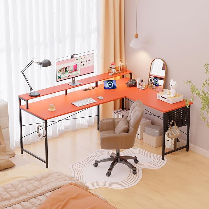 Pamray 64 Inch L Shaped Gaming Desk with Power Outlets and Led Lights Large Corner Computer Desk with Monitor Stand and Pegboard PC Table for Home Office and Bedroom Orange