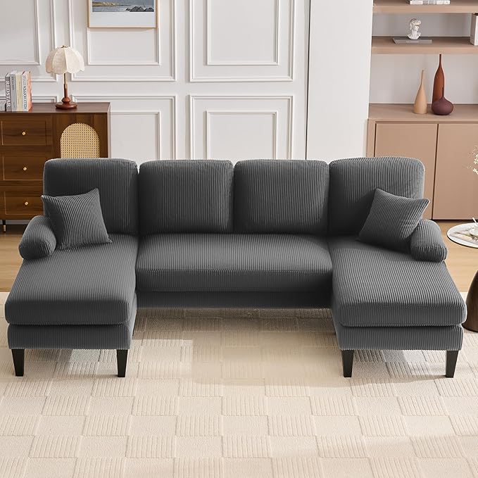 98 U Shaped Couch with 18 Seat Height Sectional Couches for Living Room 4 Seater Couch Set with Double Chaise for Apartment Living Room Sofas Corduroy Grey