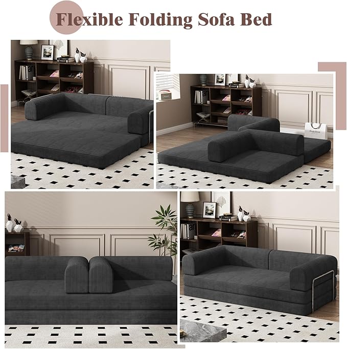 Convertible Corduroy Sleeper Sofa BedFolding Mattress Couch with Fixed-Shape Frame 3 Seater Fold Out King Size FutonNo Assembly Floor Couch for Living Room Dorm Studio 78.7*39.4*29.6 in Black