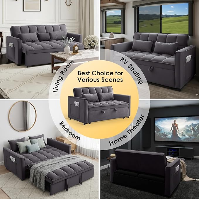 Dreamzie 3 in 1 Convertible Sleeper Sofa Bed Pull Out Couch for Living Room with Side Pocket Loveseat Sleeper with Adjustable Backrest (Fabric Dark Grey)